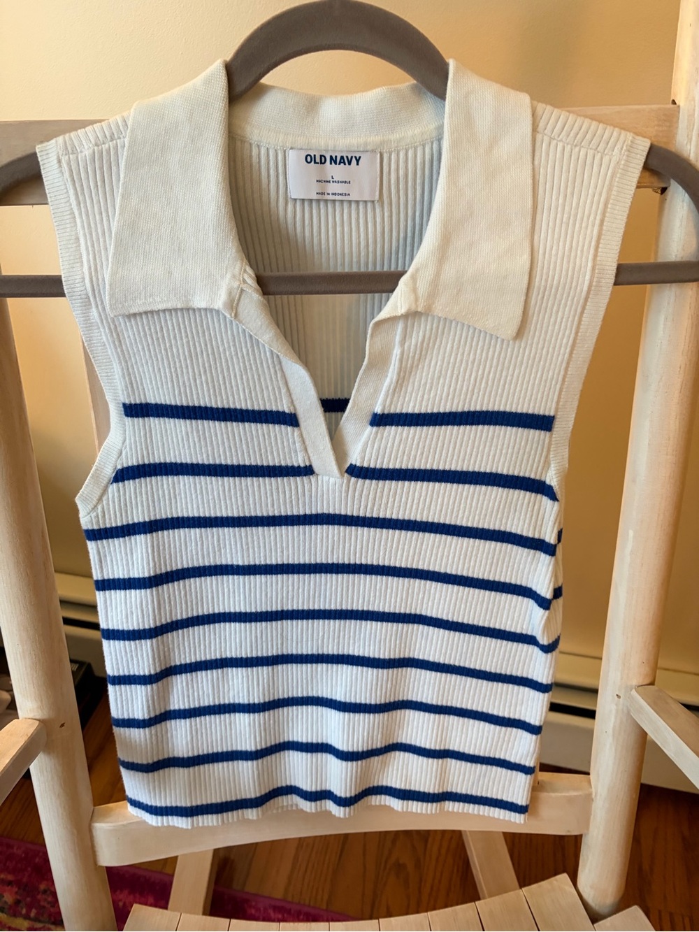 Old Navy Cream and Blue Striped Sleeveless Polo Tank